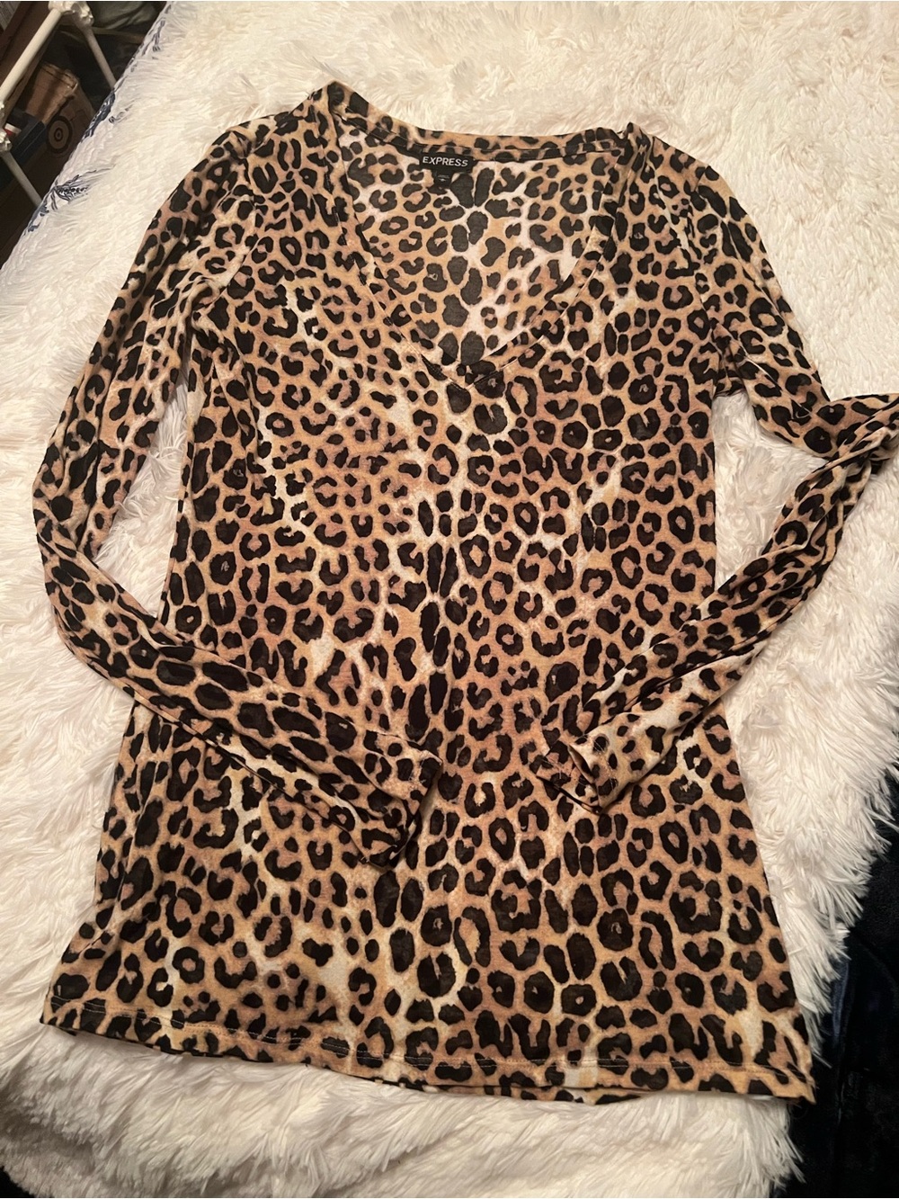 Express Leopard Print V-Neck Long Sleeve Top - Tan & Black